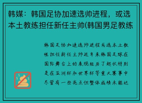 韩媒：韩国足协加速选帅进程，或选本土教练担任新任主帅(韩国男足教练)