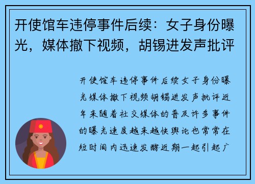 开使馆车违停事件后续：女子身份曝光，媒体撤下视频，胡锡进发声批评