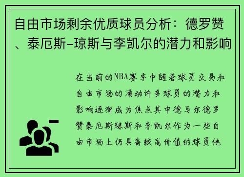 自由市场剩余优质球员分析：德罗赞、泰厄斯-琼斯与李凯尔的潜力和影响