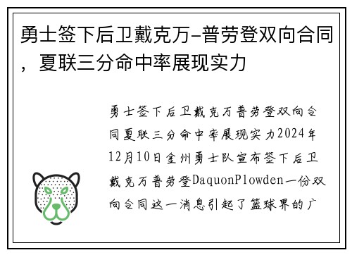 勇士签下后卫戴克万-普劳登双向合同，夏联三分命中率展现实力
