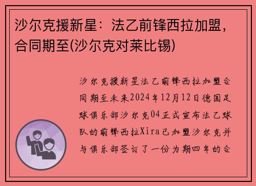 沙尔克援新星：法乙前锋西拉加盟，合同期至(沙尔克对莱比锡)