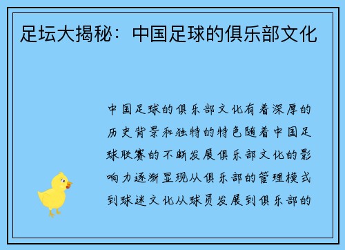 足坛大揭秘：中国足球的俱乐部文化